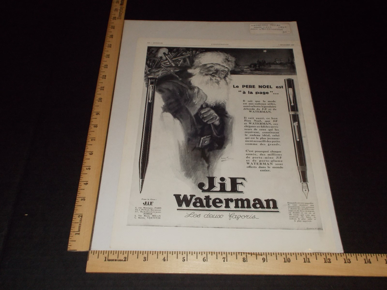 Rare Original VTG 1929 Santa Claus Jif Waterman Pen Advertising Art Print