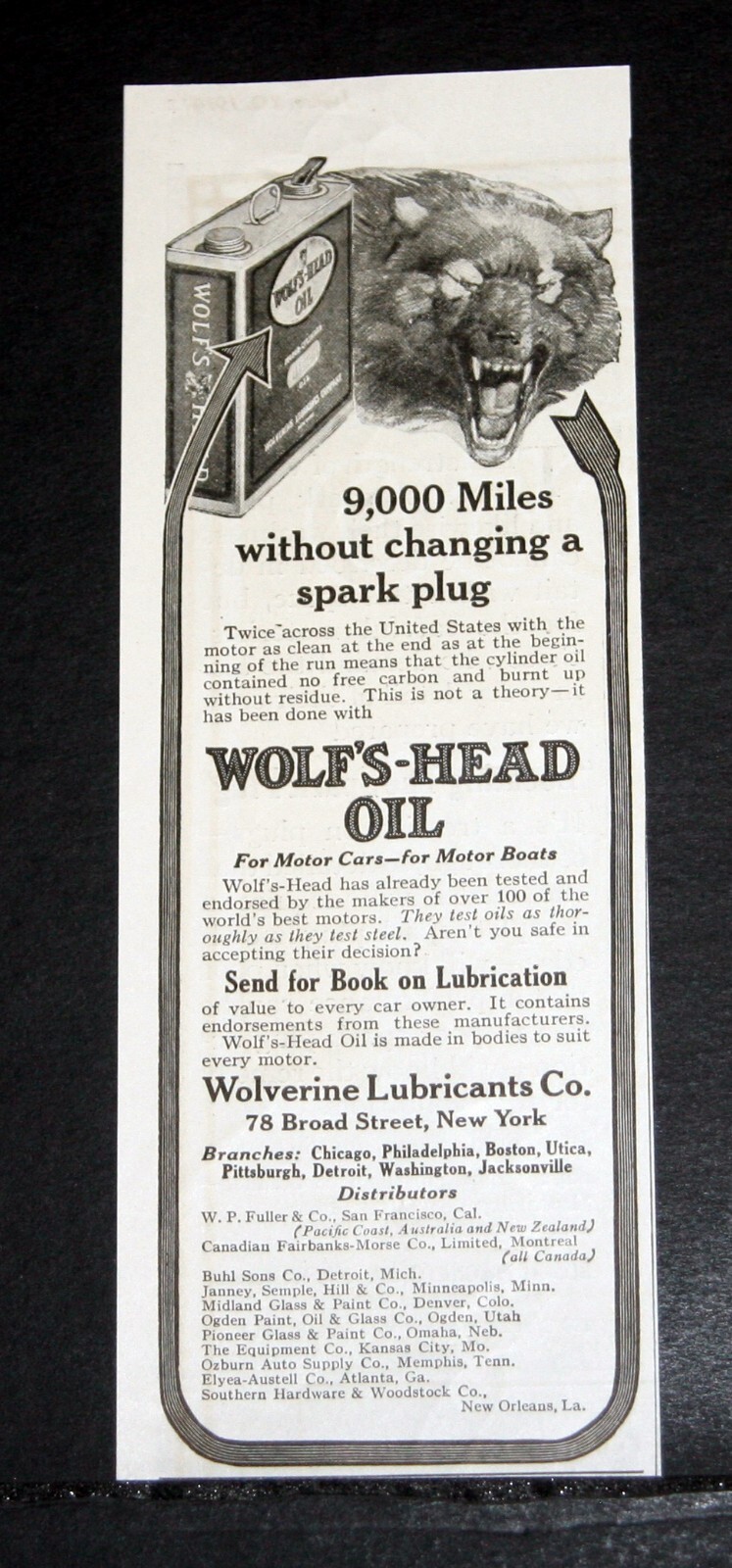 1914 OLD MAGAZINE PRINT AD, WOLVERINE LUBRICANTS, WOLF’S-HEAD OIL, CLEANS MOTOR!