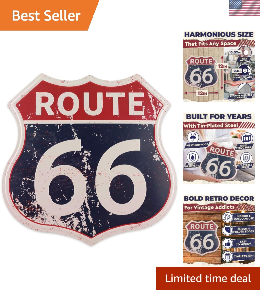 12-Inch Route 66 Metal Sign – Nostalgic Wall Art for Bedrooms & Garages