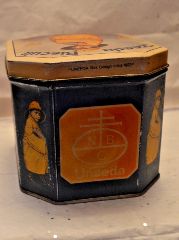 Tin Bristol Ware Uneeda National Biscuit Co Raincoat Boy Tin Canister