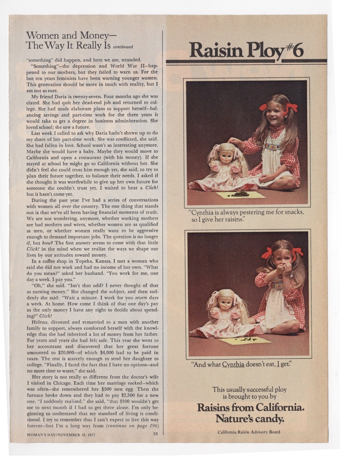 Vintage 1970s mag print ad California Raisins healthy snack kitchen decor Ploy 6