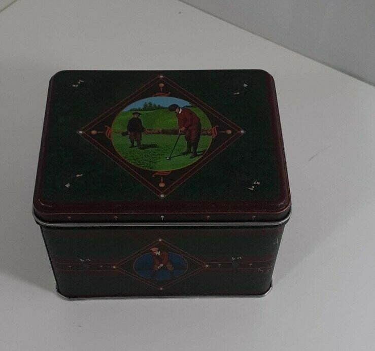 Advertising Tin Box Golf Scenes 4 x 5 x 3 inches good few rust spots inside