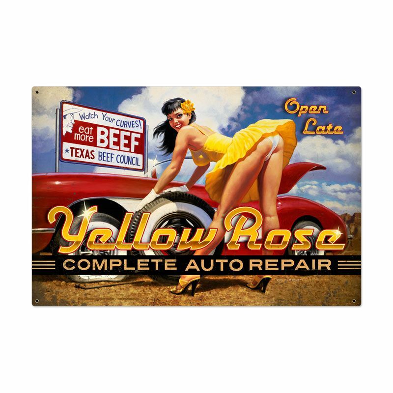 YELLOW ROSE AUTO REPAIR RISQUE PINUP GIRL 36″ HEAVY DUTY USA MADE METAL ADV SIGN