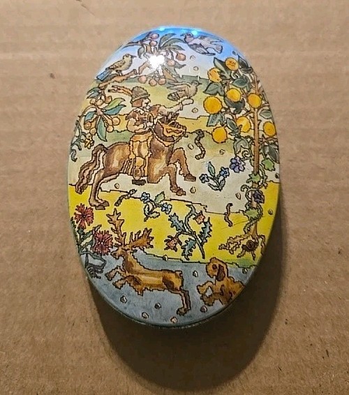 Vtg Small Tin Metal for Pocket Purse Renaissance Tapestry Scene