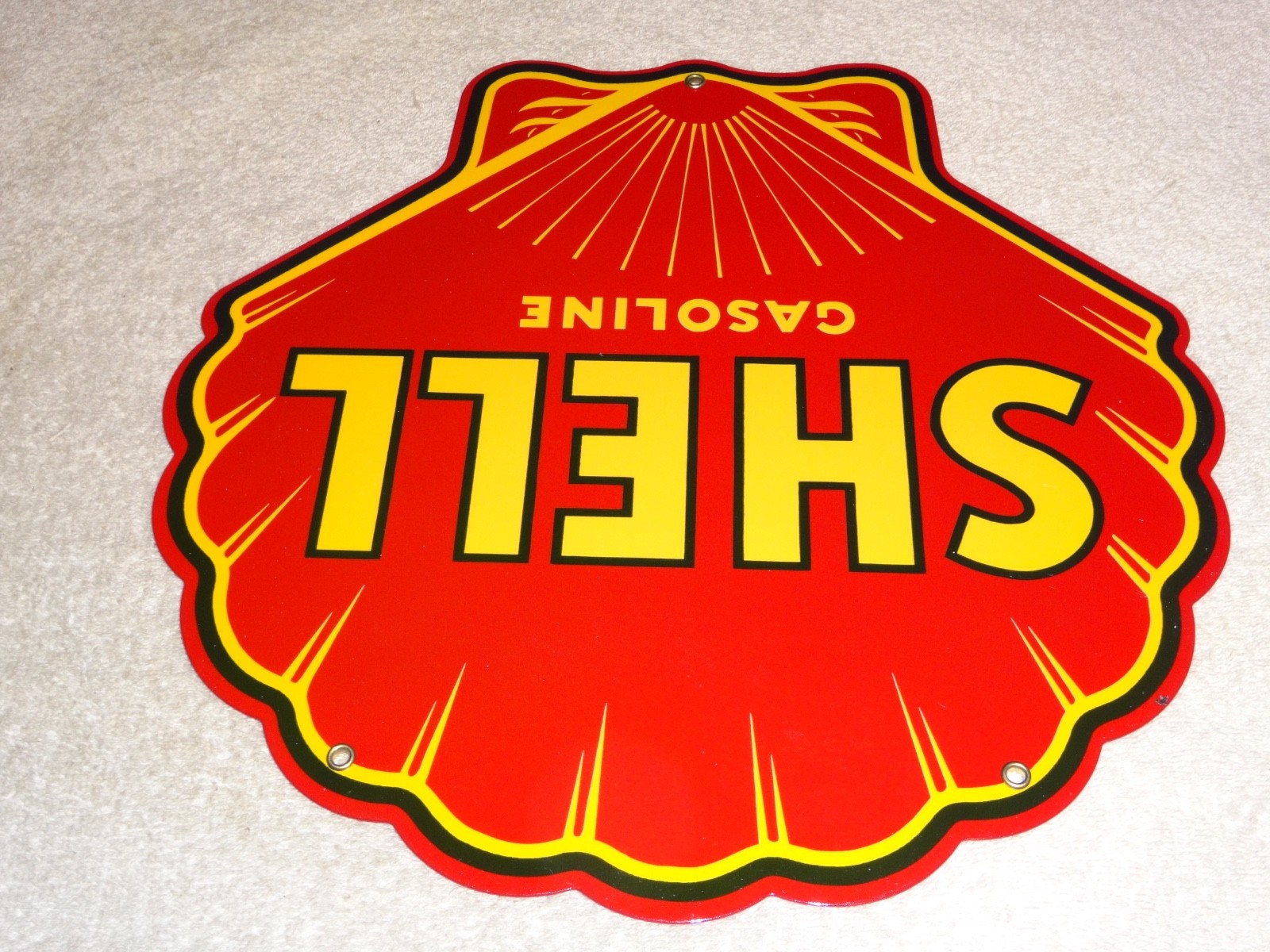 VINTAGE SHELL GASOLINE RARE RED 11 3/4″ PORCELAIN METAL SERVICE STATION OIL SIGN