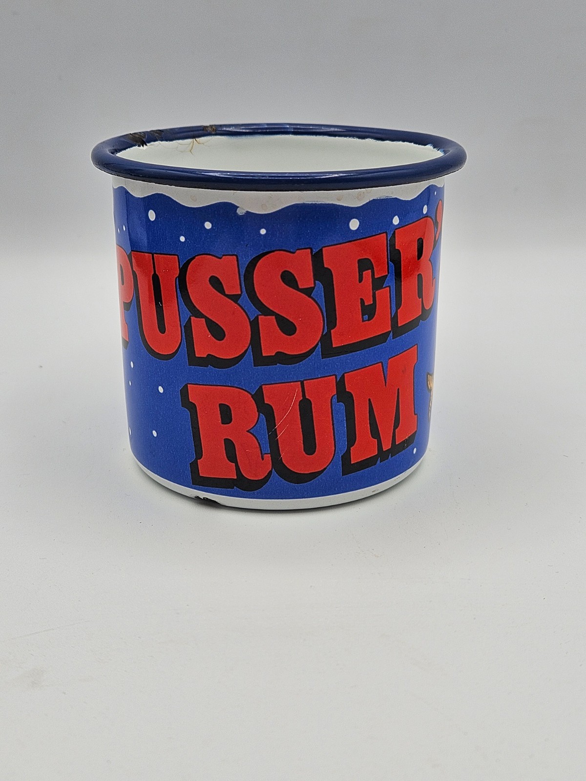 Vintage Pusser’s Rum Blue Logo on White Tin Enamelware Mug Coffee Cup “as is”