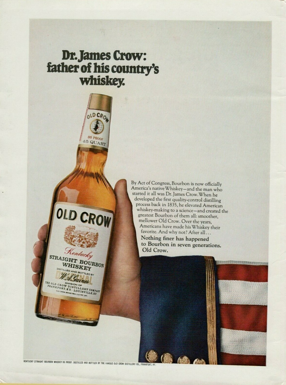 1970 Old Crow Straight Bourbon Whisky Uncle Sam Dr James Vintage Print Ad