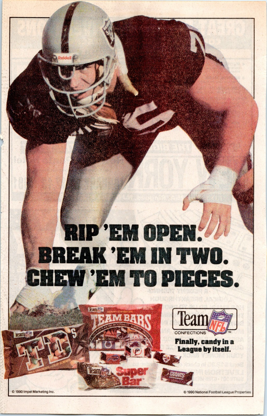 Vintage 1990 NFL Candy Bars comic book print ad – Raiders – Rip ’em Open