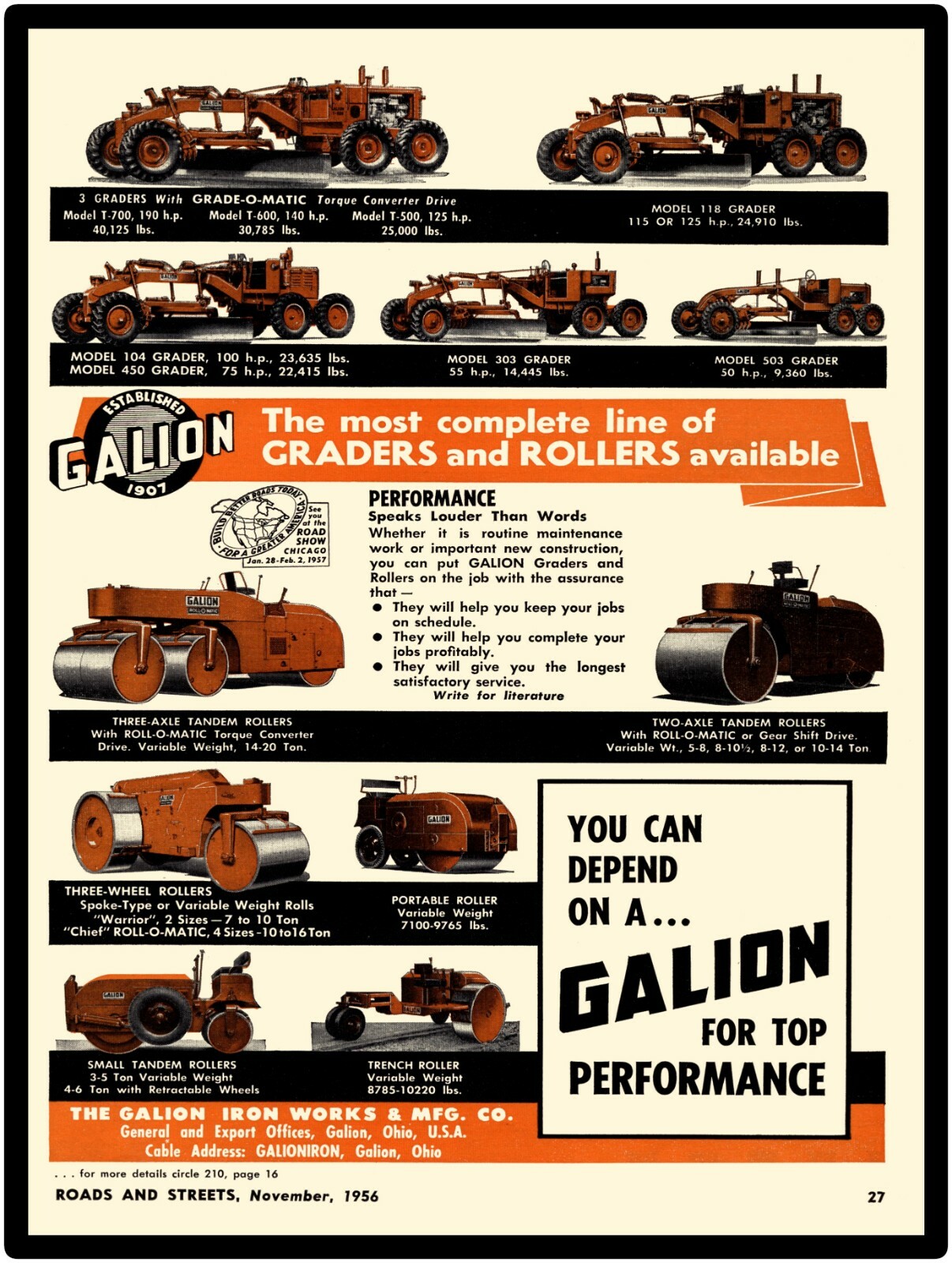1956 Galion Iron Works New Metal Sign: Road Graders and Rollers; All Models Pics