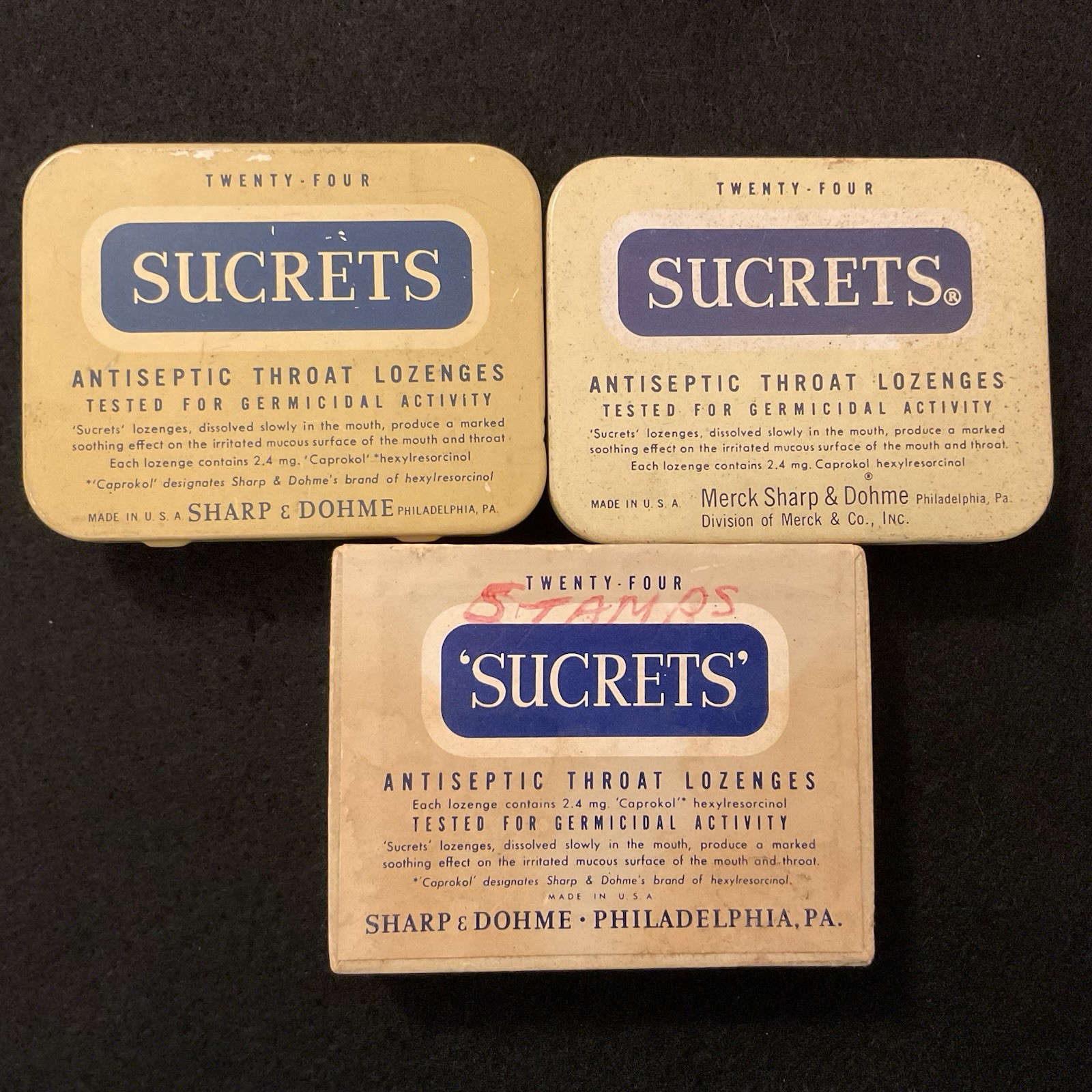 (3)-Vintage Sucrets Lozenges Containers – (2)-Metal -Tin, (1) Cardboard, Empty