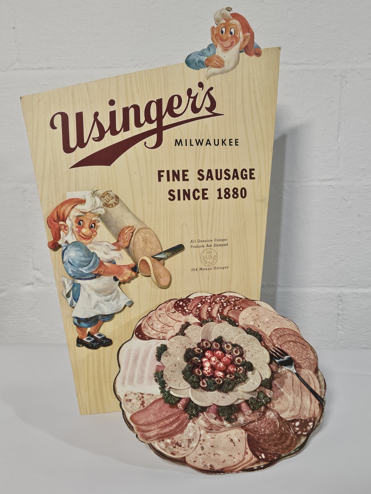 Very Rare Mid-Century Usinger’s Sausage Milwaukee Cardboard Easel Ad Sign