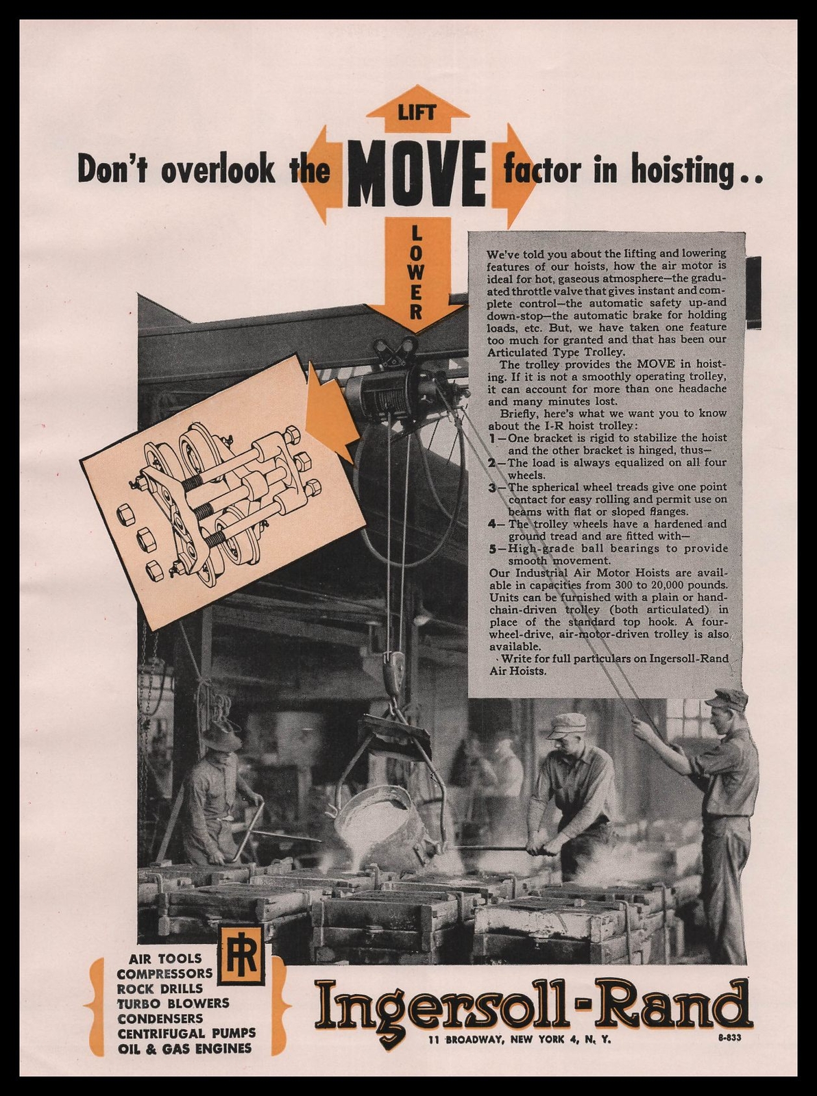 1946 Ingersoll Rand Air Motor Hoists Articulated Type Trolley Vintage Print Ad
