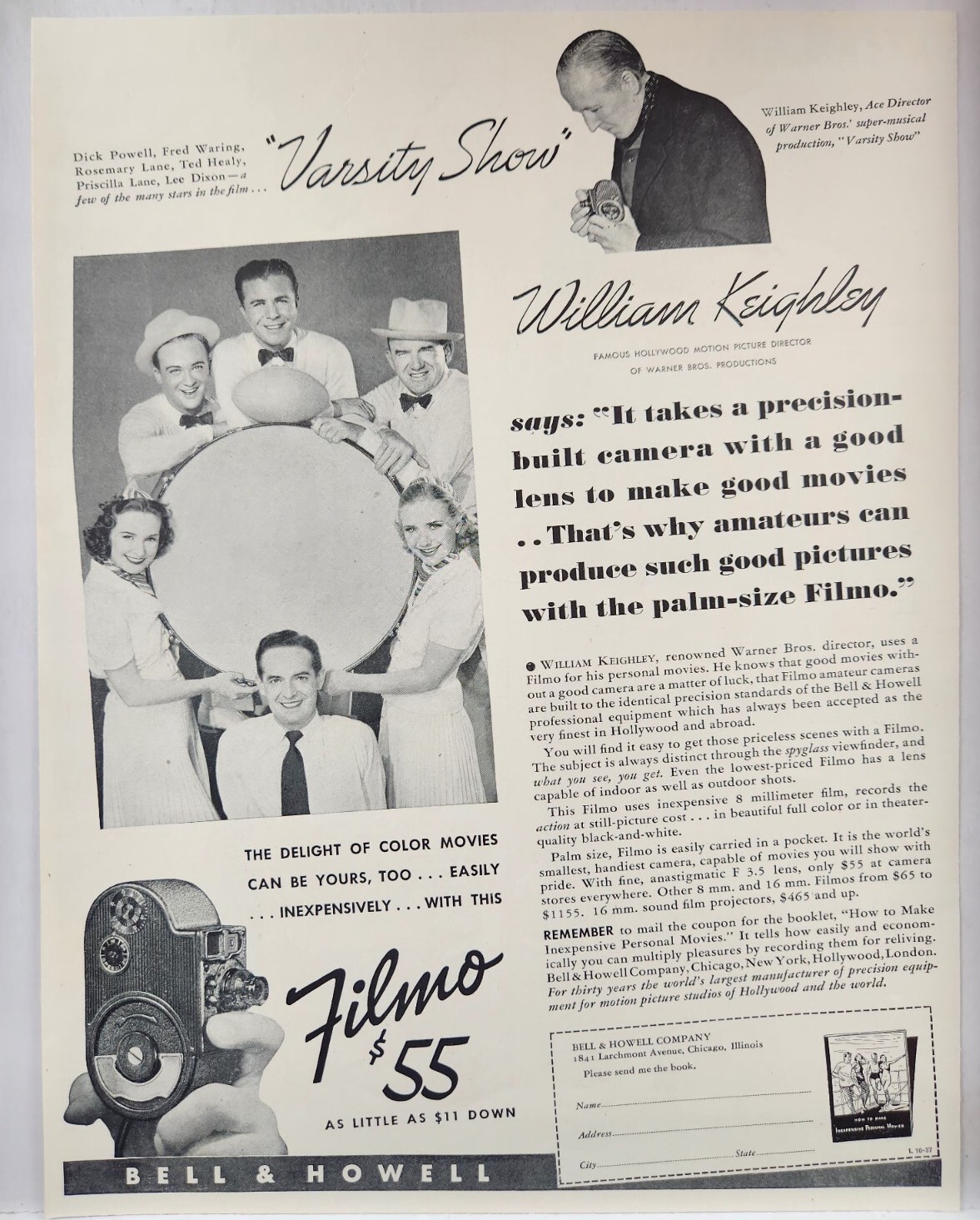 1937 Bell & Howell Filmo 55 Camera Original Print Ad Life Magazine 30s