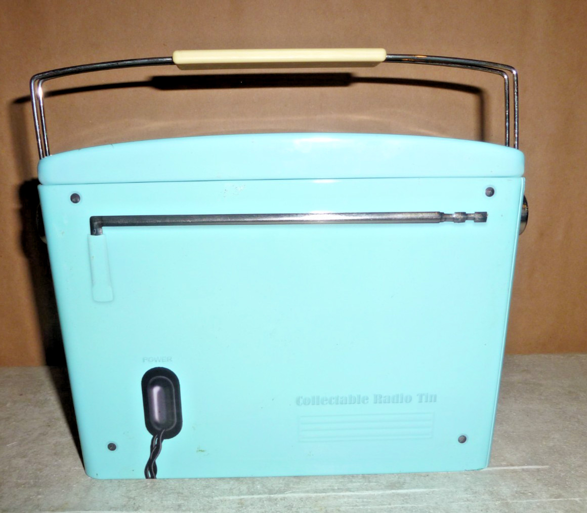 Retro Radio Shape Tin Container w/Lid & Handle 9” X 6” X 2” Embossed #####