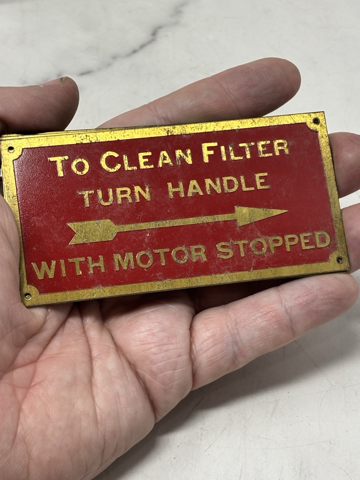 Vintage Brass Machine Plate Red Enamel Industrial Sign Clean Filter Arrow