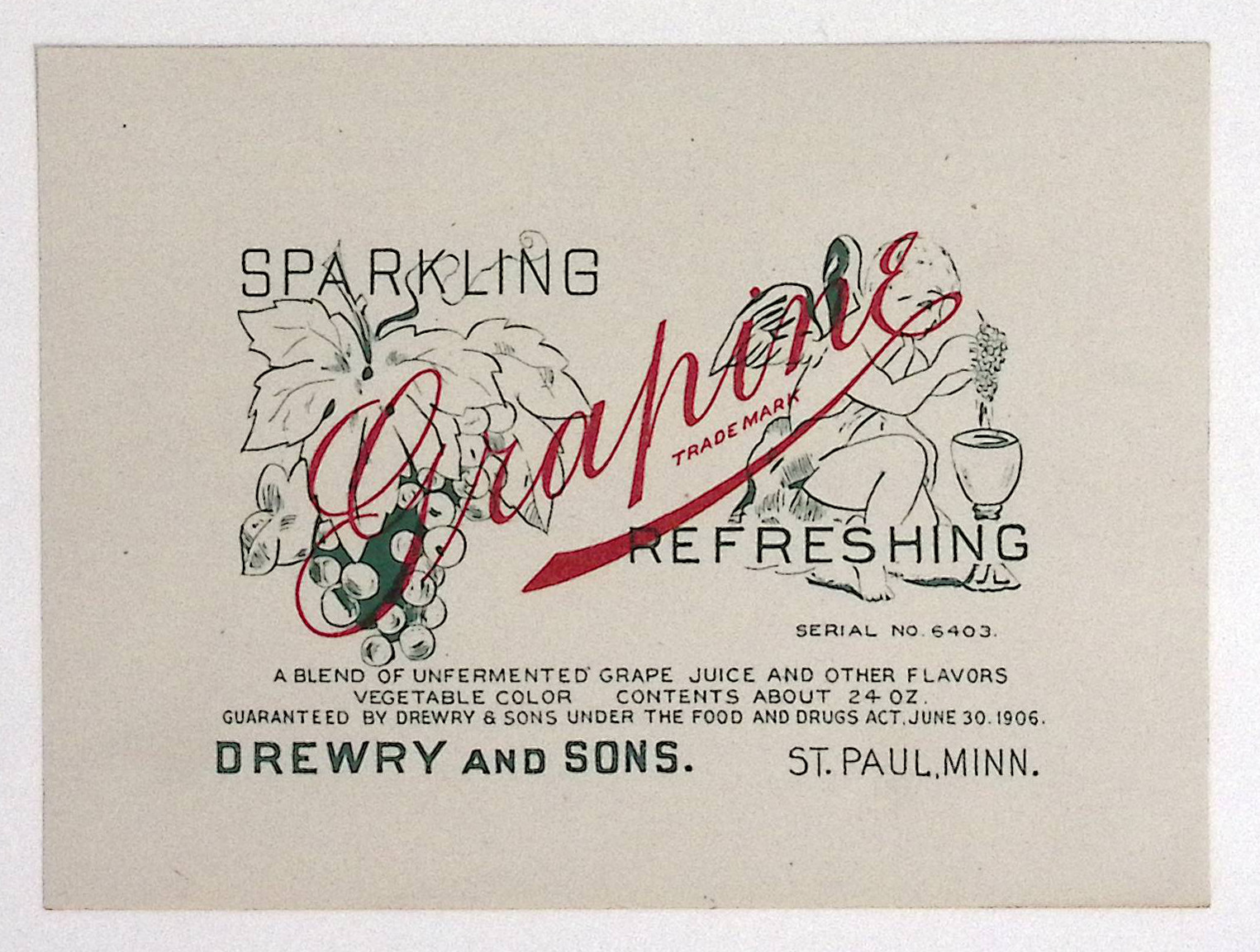 1915 Sparkling Grapine Grape Juice Drewry & Sons St Paul Minnesota Label 3.5×5″