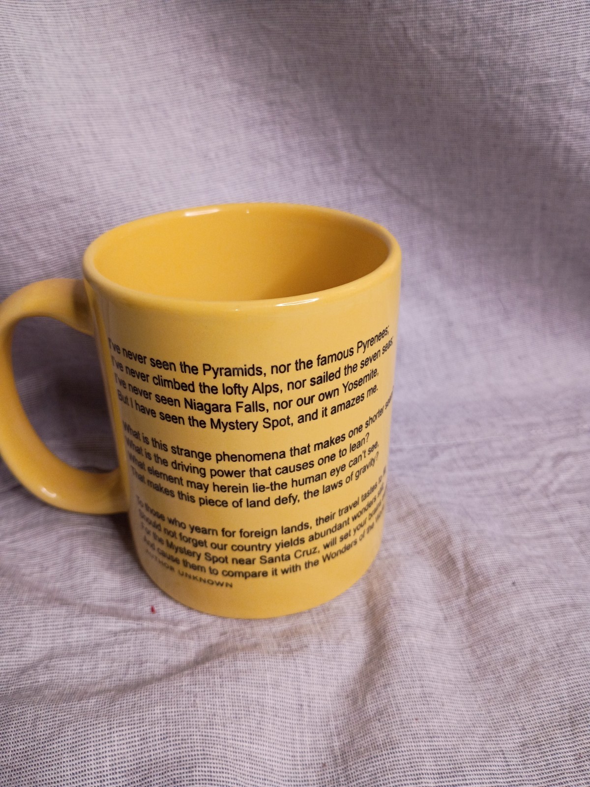 Santa Cruz The Mystery Spot California U.S.A. Mug Logo Spellout Poem Text Yellow