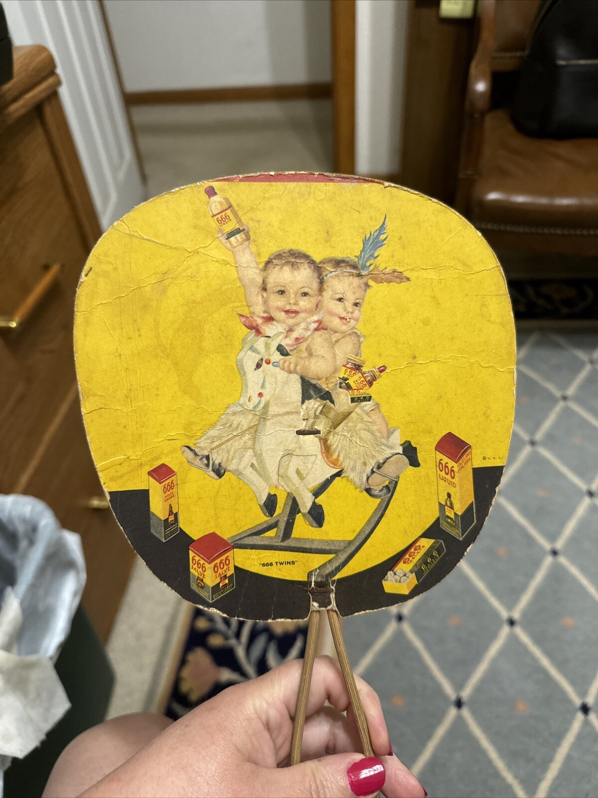 Advertising Hand Fan 666 TWINS Salve Pharmacy Drug Medicine Church Paper 1930’s