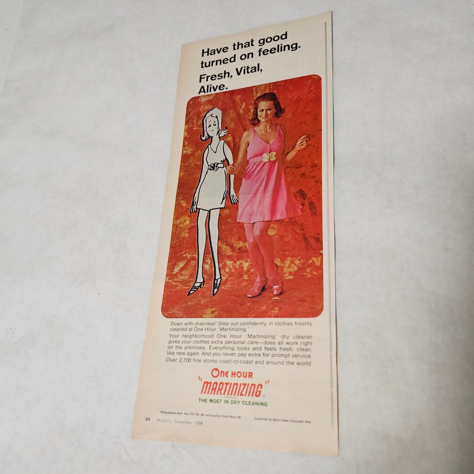 One Hour Martinizing Dry Cleaning 1968 Print Ad Woman in sleeveless pink dress