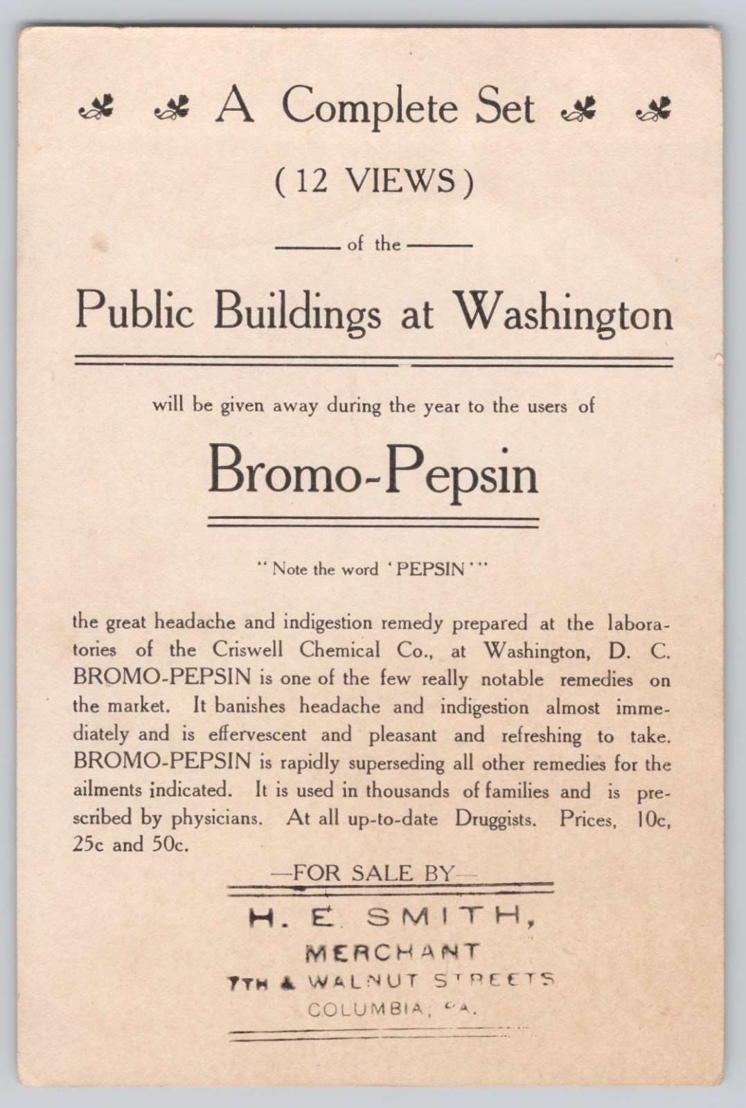 Bromo-Pepsin Trade Card Washington DC Post Office Dept H.E. Smith Columbia PA