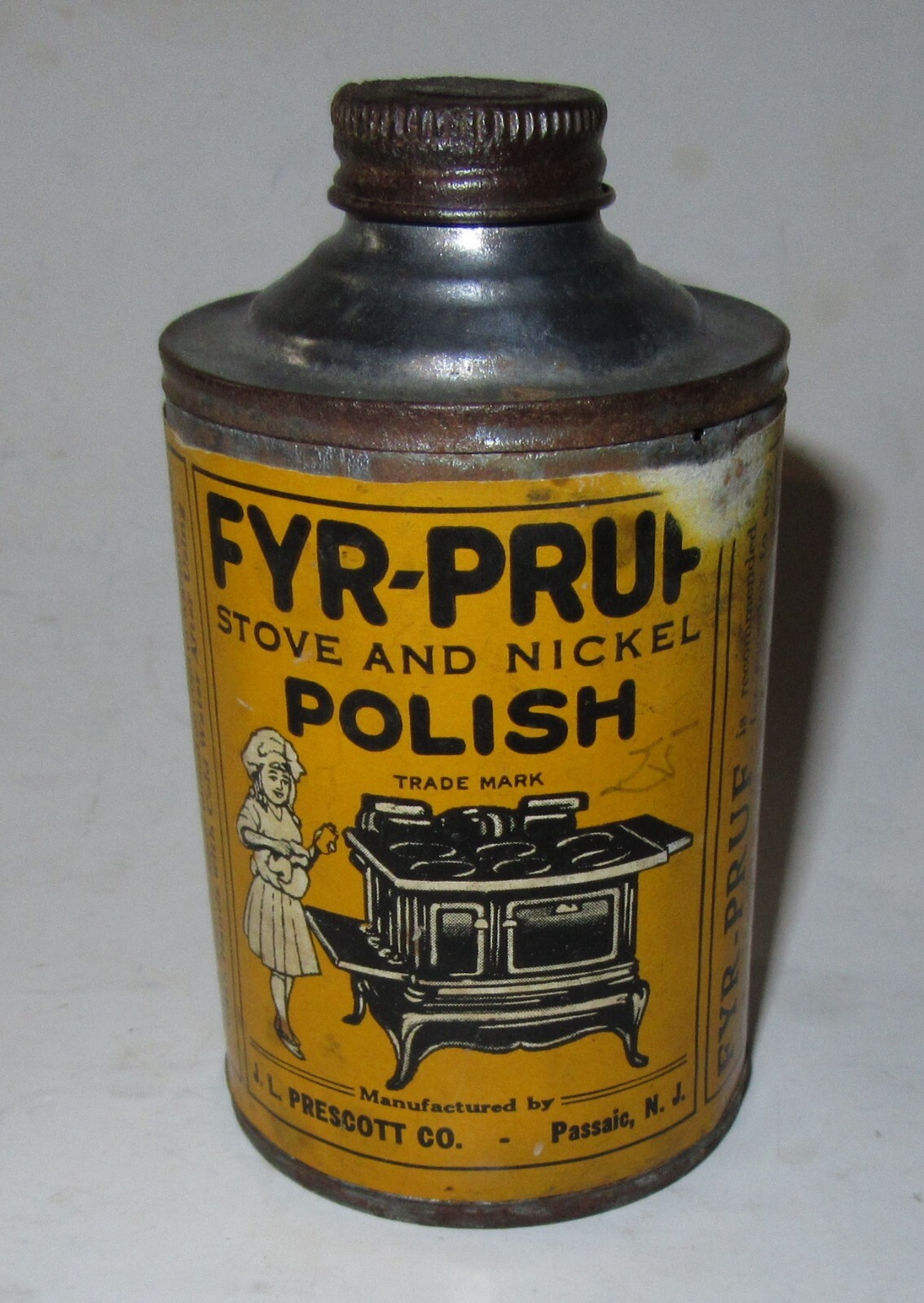 Vintage Cone Top Can, Fyr-Pruf Stove & Nickel Polish-Nice Paper Label Passaic NJ