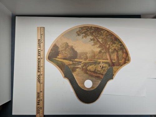 1950? Cardboard Fan Give Aways Lansing Storage Company Painting Of Boy Fishing