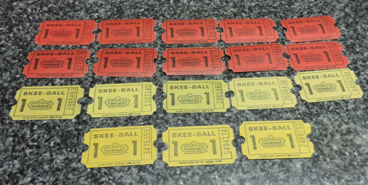 Showbiz Pizza Place Skee Ball Tickets Chuck E. Cheese’s 18x Lot Red Yellow 1986