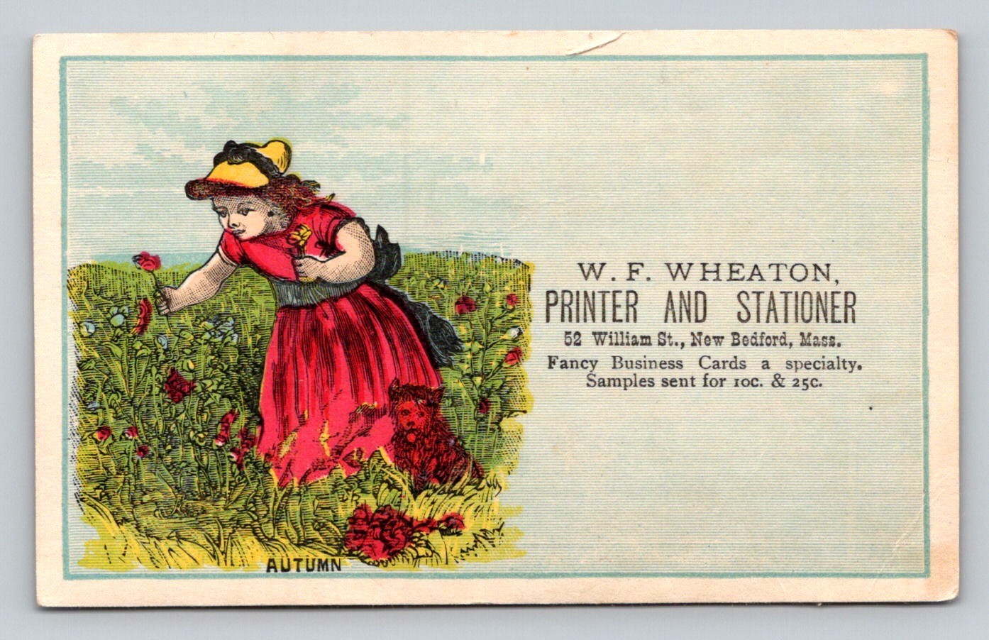 W F Wheaton Printer Stationer Girl Picks Flowers Bedford Trade Card P896