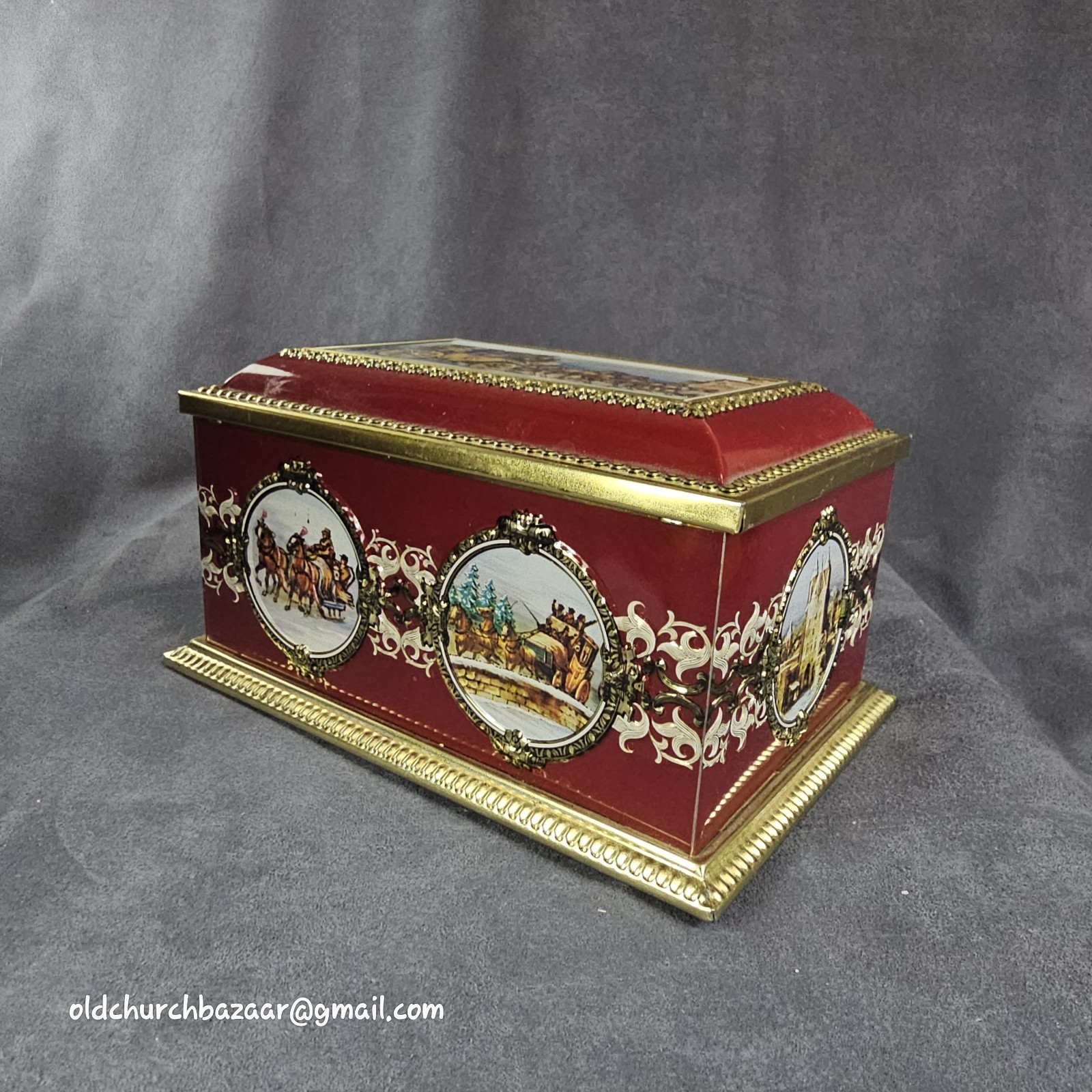 Klann Quality West Germany TIN BOX w/LID 7″x4″x4-1/2″ Tall – Red-Gold Trim