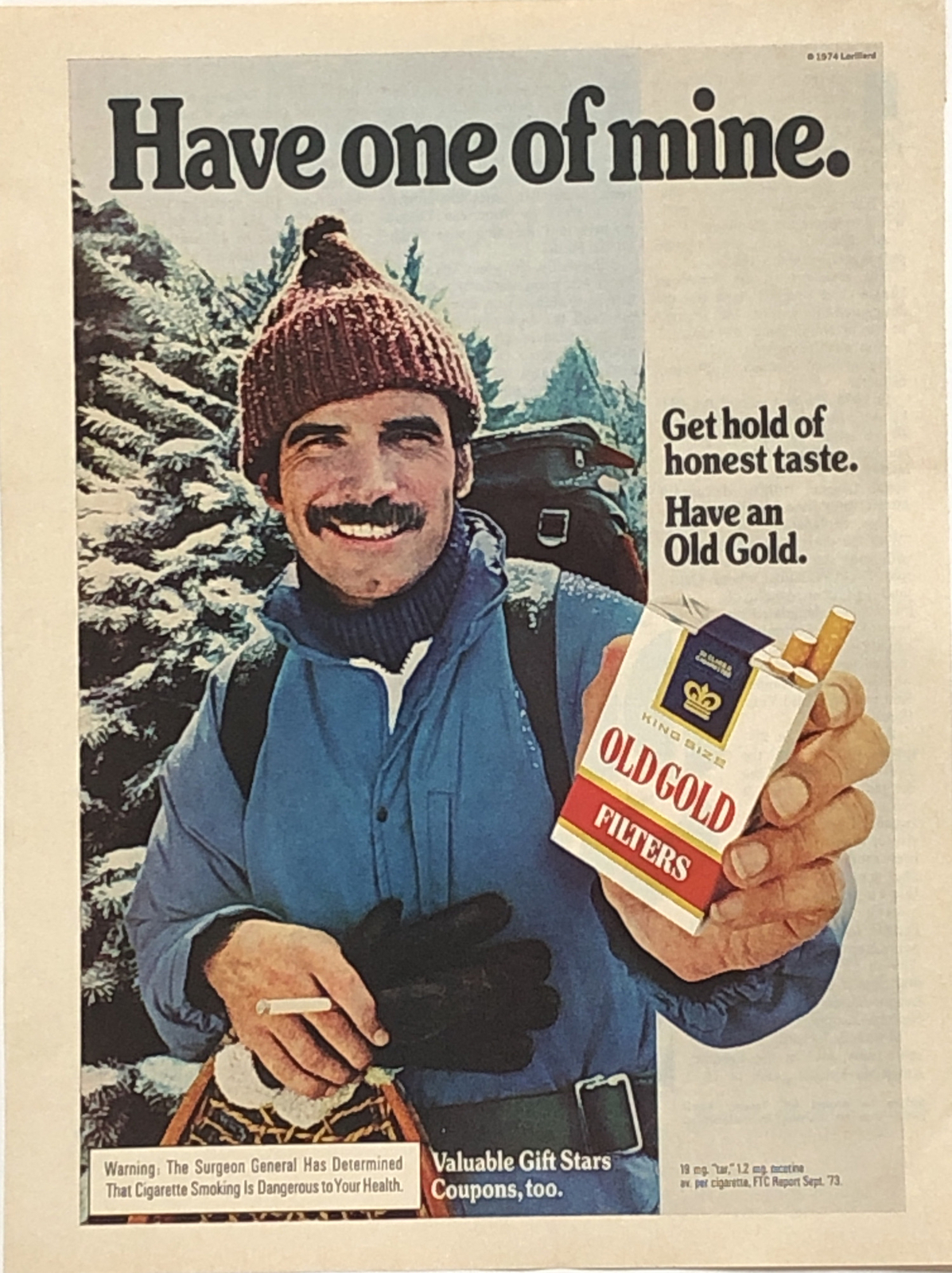 1974 Old Gold Cigarettes PRINT AD Snowshoe Winter Man VTG 1970s Have One of Mine