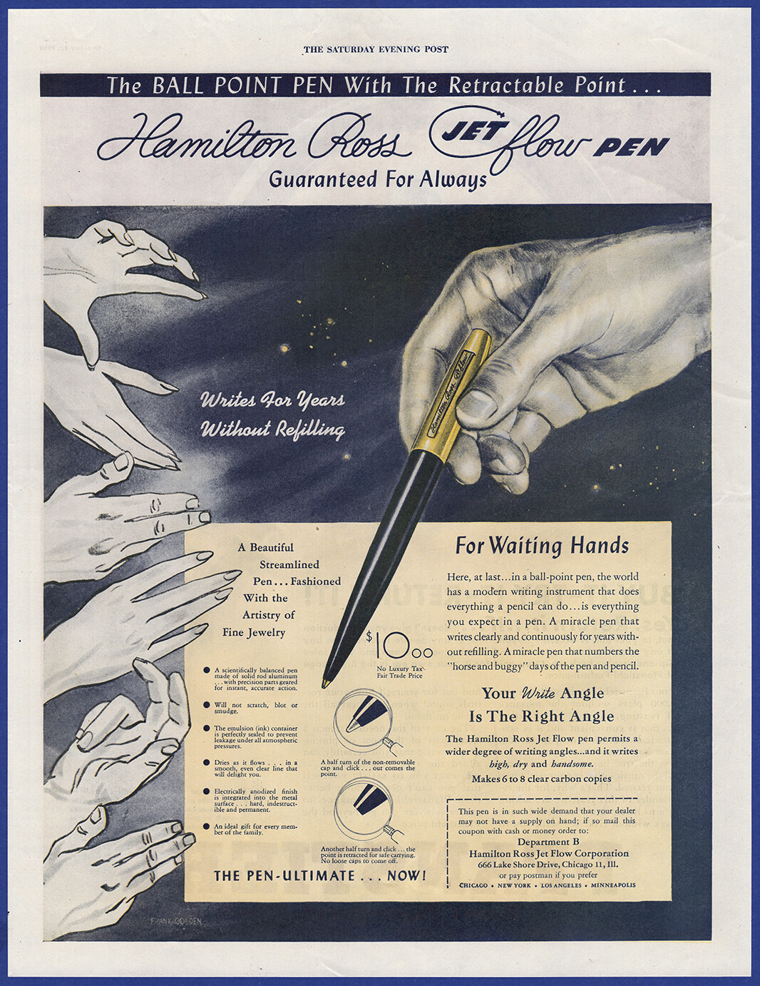 Vintage 1946 HAMILTON ROSS Jet Flow Ball Point Pen Ephemera 1940’s Print Ad
