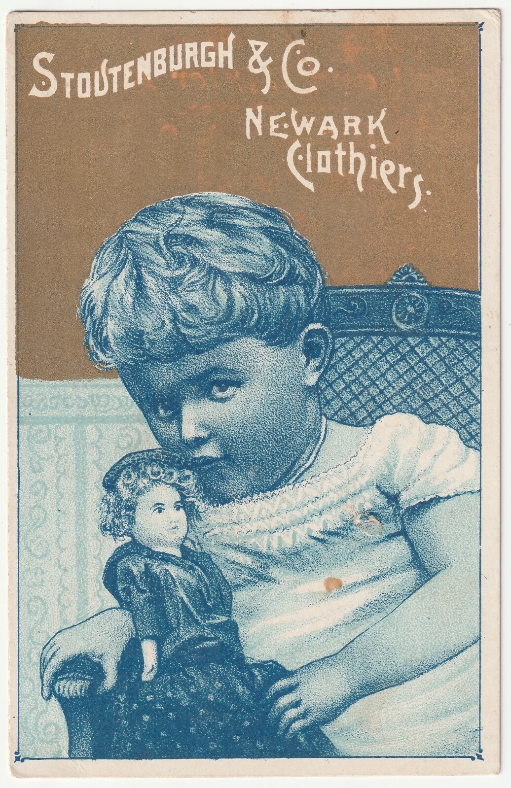 1880s~Newark New Jersey NJ~Clothier Store~Girl & Doll~Victorian Trade Card