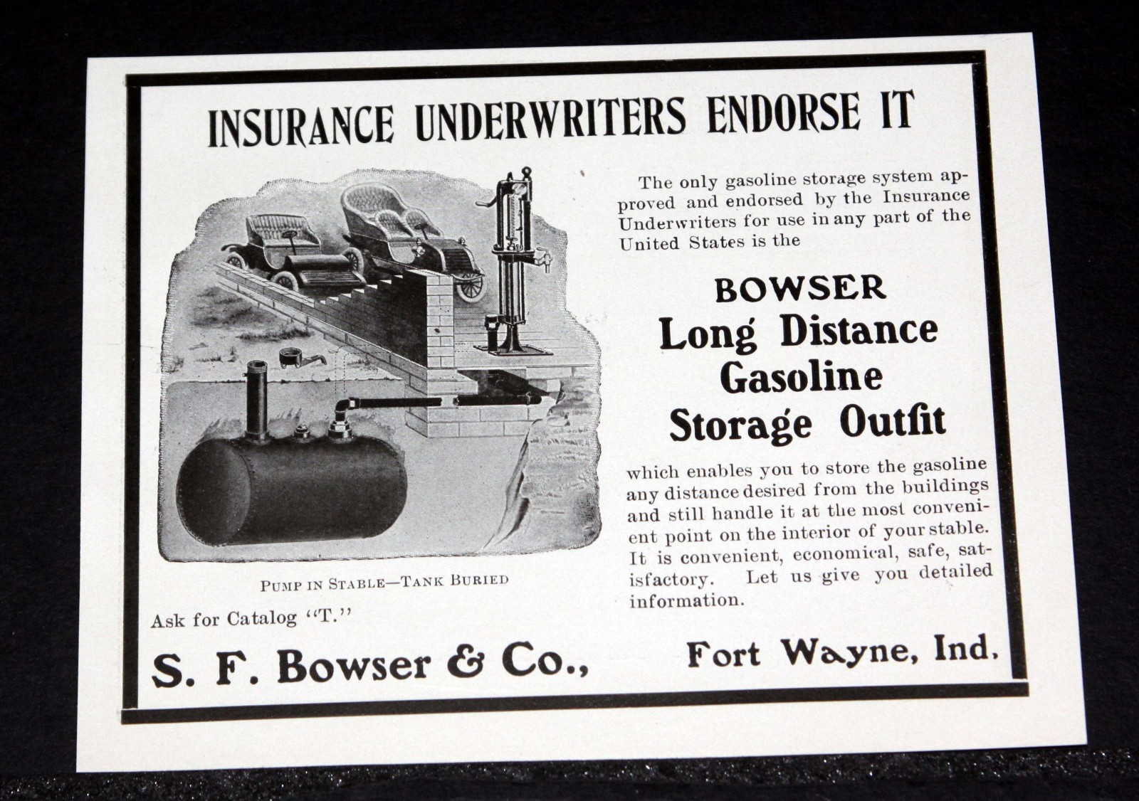 1904 OLD MAGAZINE PRINT AD, BOWSER GASOLINE STORAGE-INS UNDERWRITERS ENDORSED!