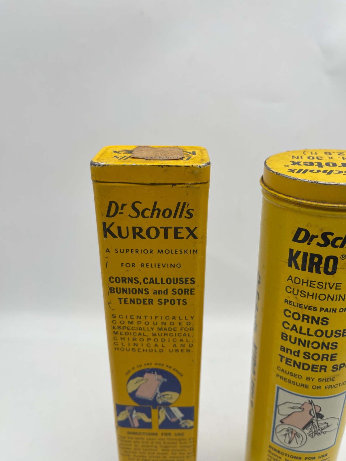 TWO Vintage Dr Scholls Empty 8″ Advertising Tins Kiro Felt & Kurotex with Lids