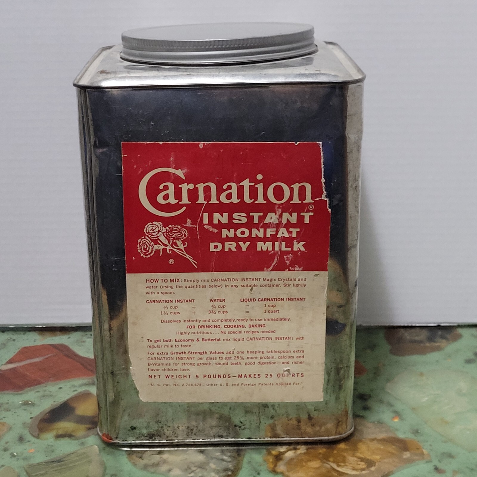 Vintage Carnation Instant Nonfat Dry Milk Tin Can Net Wt. 5lbs Empty Paper Label