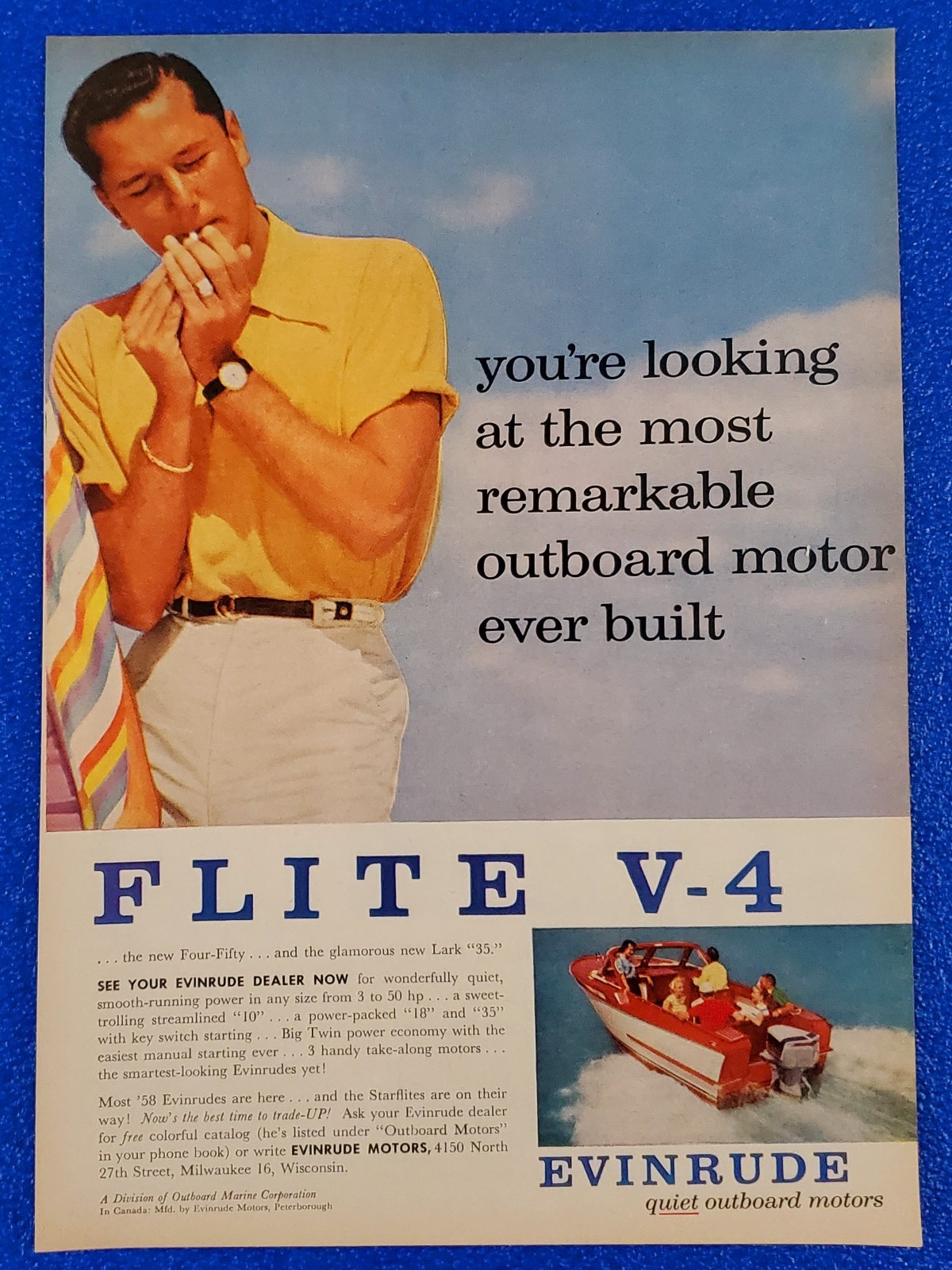 1957 VINTAGE EVINRUDE STARFLITE V-4 OUTBOARD BOAT MOTOR ORIGINAL PRINT AD