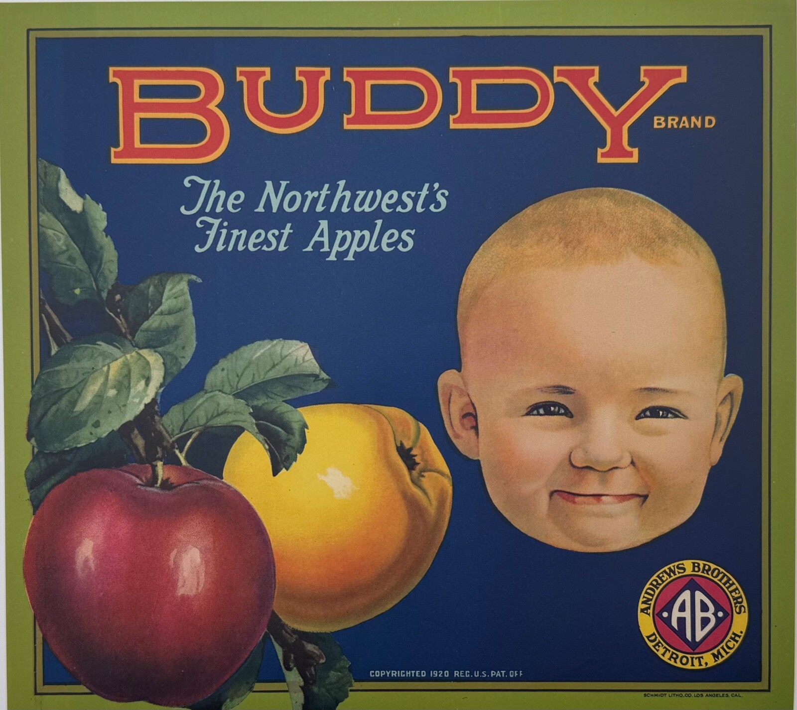 Vintage Original 1930s Buddy Brand Apples, 9×10 Crate Label, Detroit Michigan