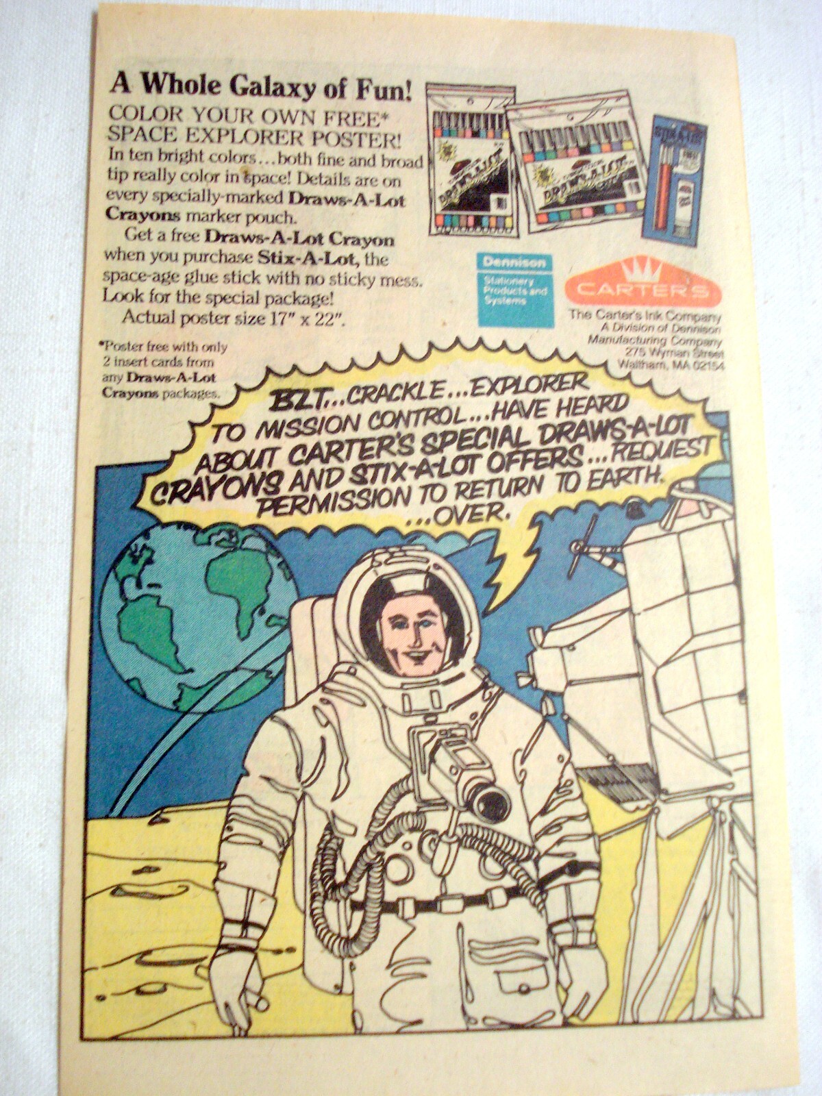 1979 Color Ad Dennison Space Explorer Poster and Draws-A-Lot Crayons