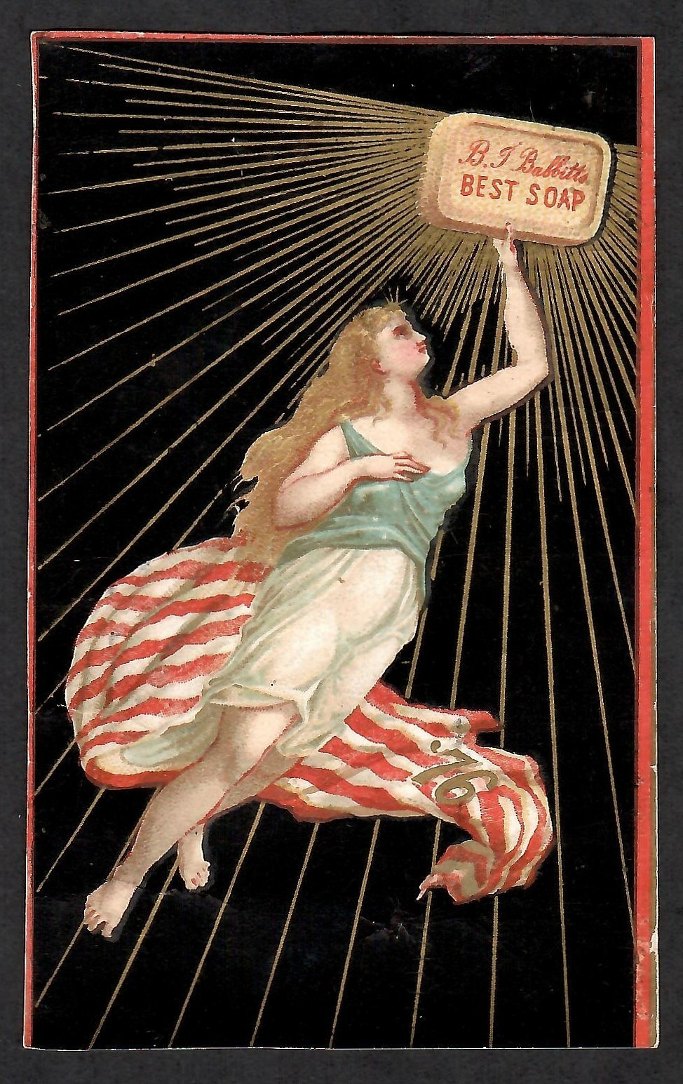 VICTORIAN TRADE CARD~LADY COLUMBIA ILLUMINATES NIGHT SKY WITH BABBITT’S SOAP ’76