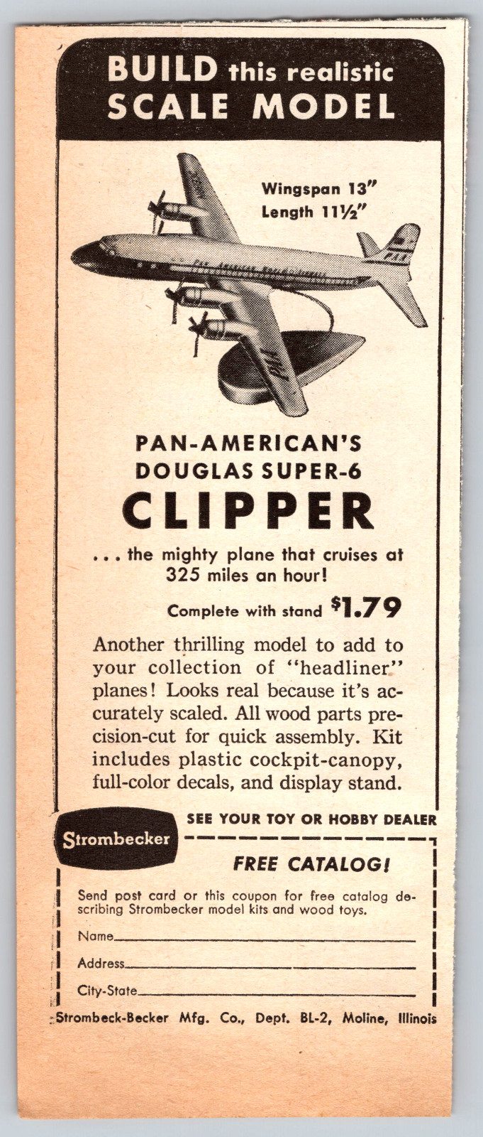 1954 Print Ad Strombecker Build this Scale Model Pan Am Douglass Super-6 Clipper