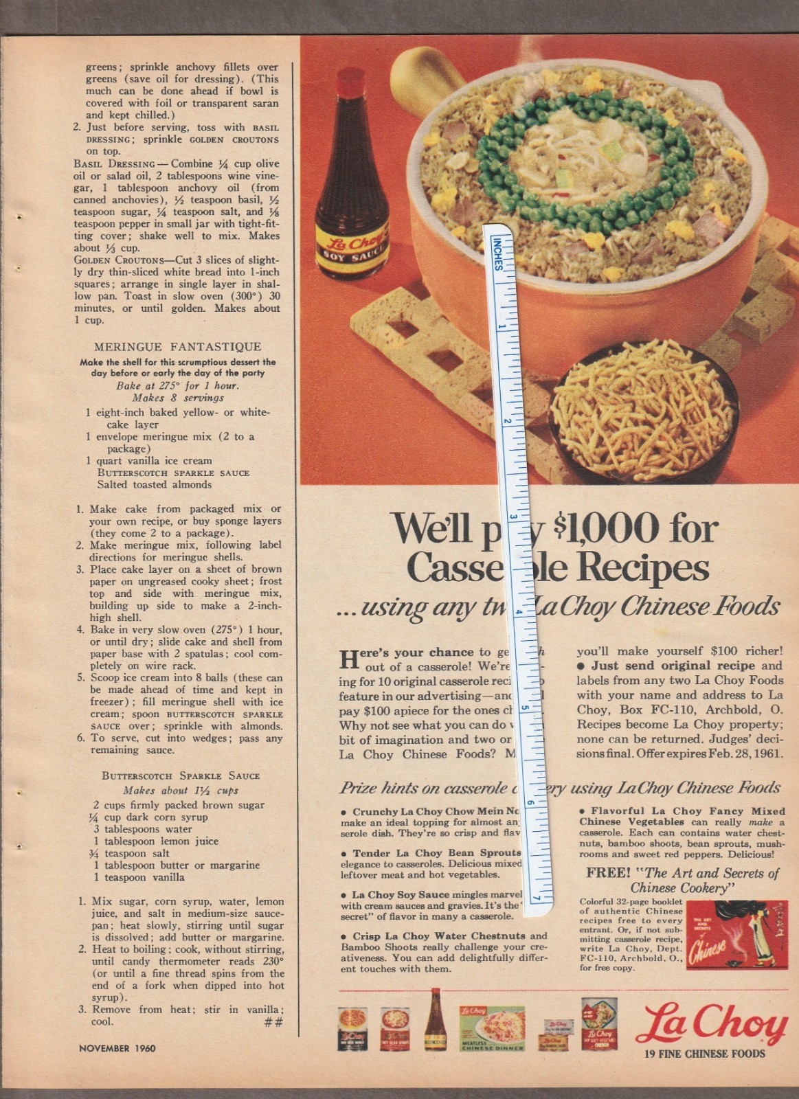1960 LA CHOY Magazine AD~$1000 RECIPE Contest~EMMETT KELLY Clown DOLL~Meredith’s