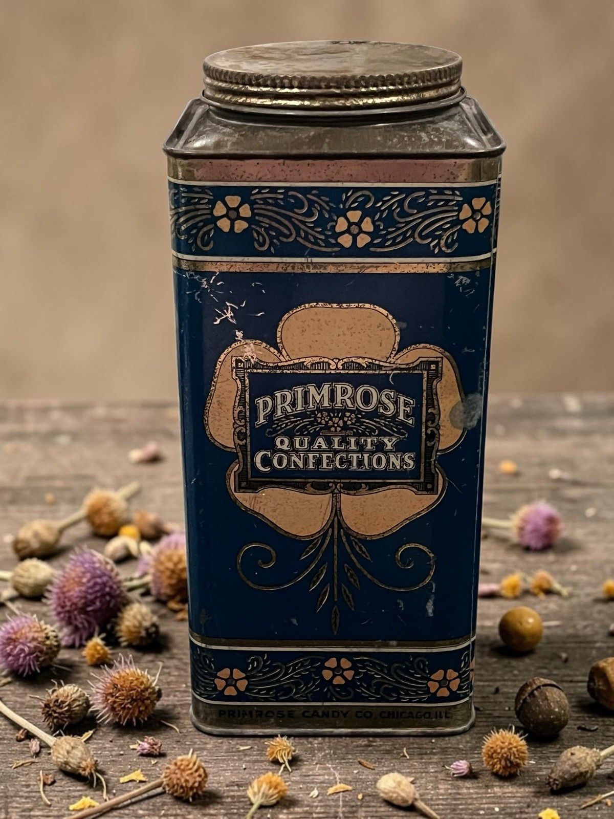 Antique Primrose Candy Co Chicago Confections Advertising Tin 1920s