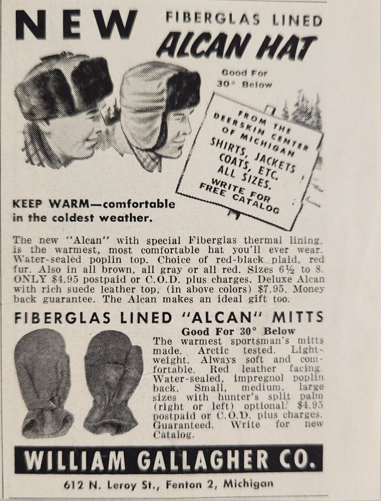 1956 Print Ad Alcan Hats Fiberglass Lined & Mitts William Gallagher Flint,MI