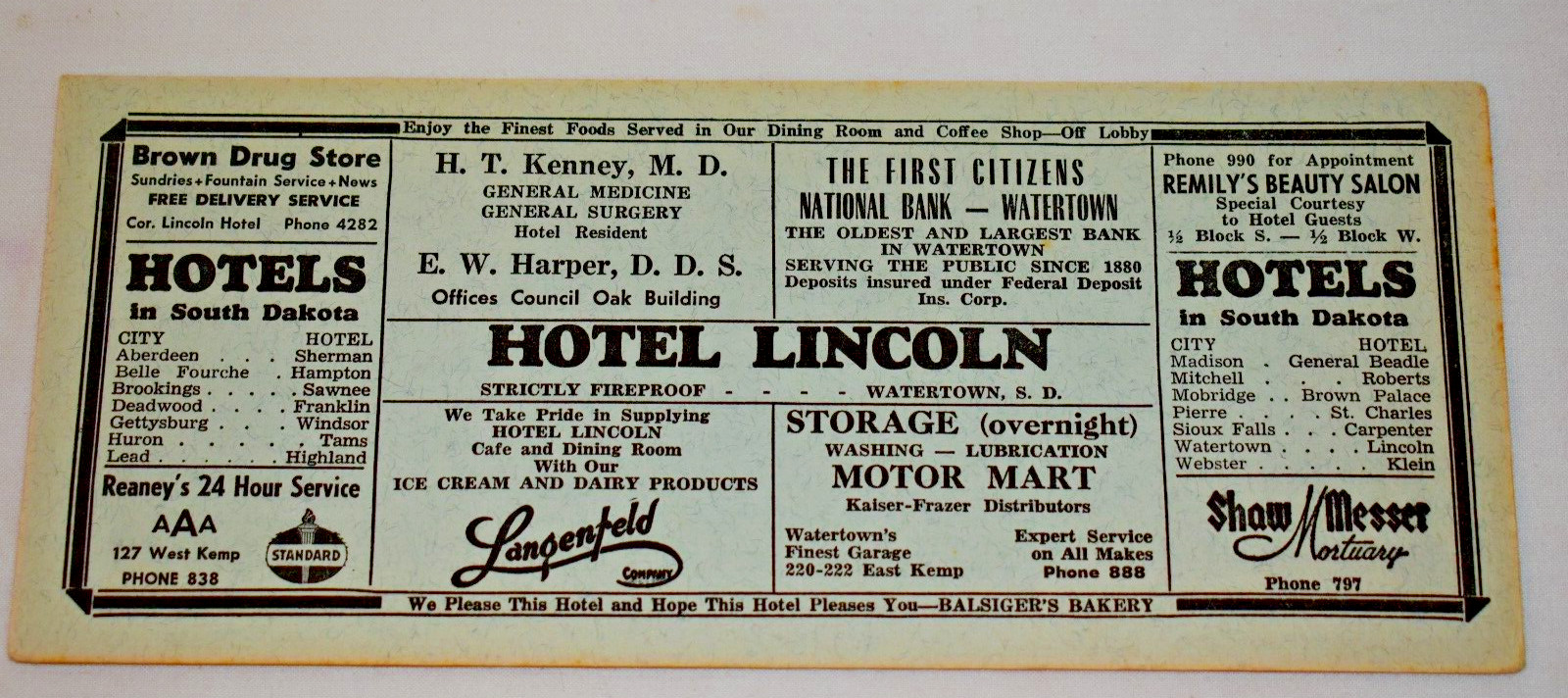 1940 Hotel Lincoln Reaney’s Service Standard Ink Blotter Watertown. South Dakota