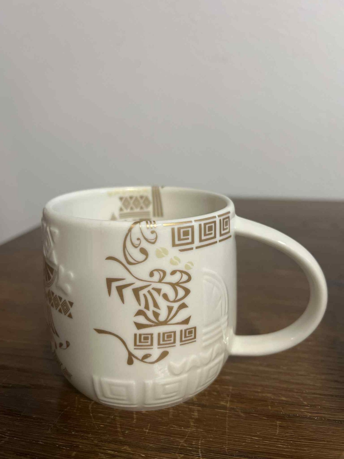 Starbucks 2012 New Bone China Mug White Gold Brown Embossed Geometric 12 oz