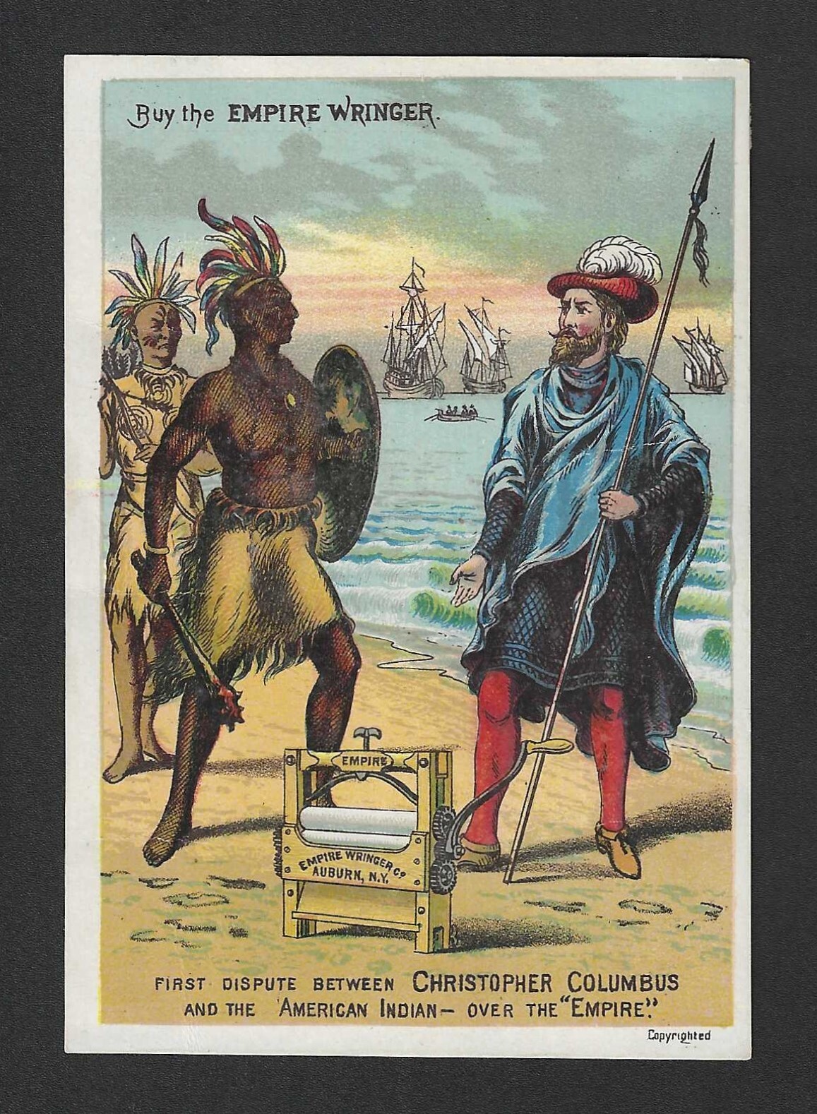 1880s Empire Wringer Trade Card American Indian Christopher Columbus Hartford CT
