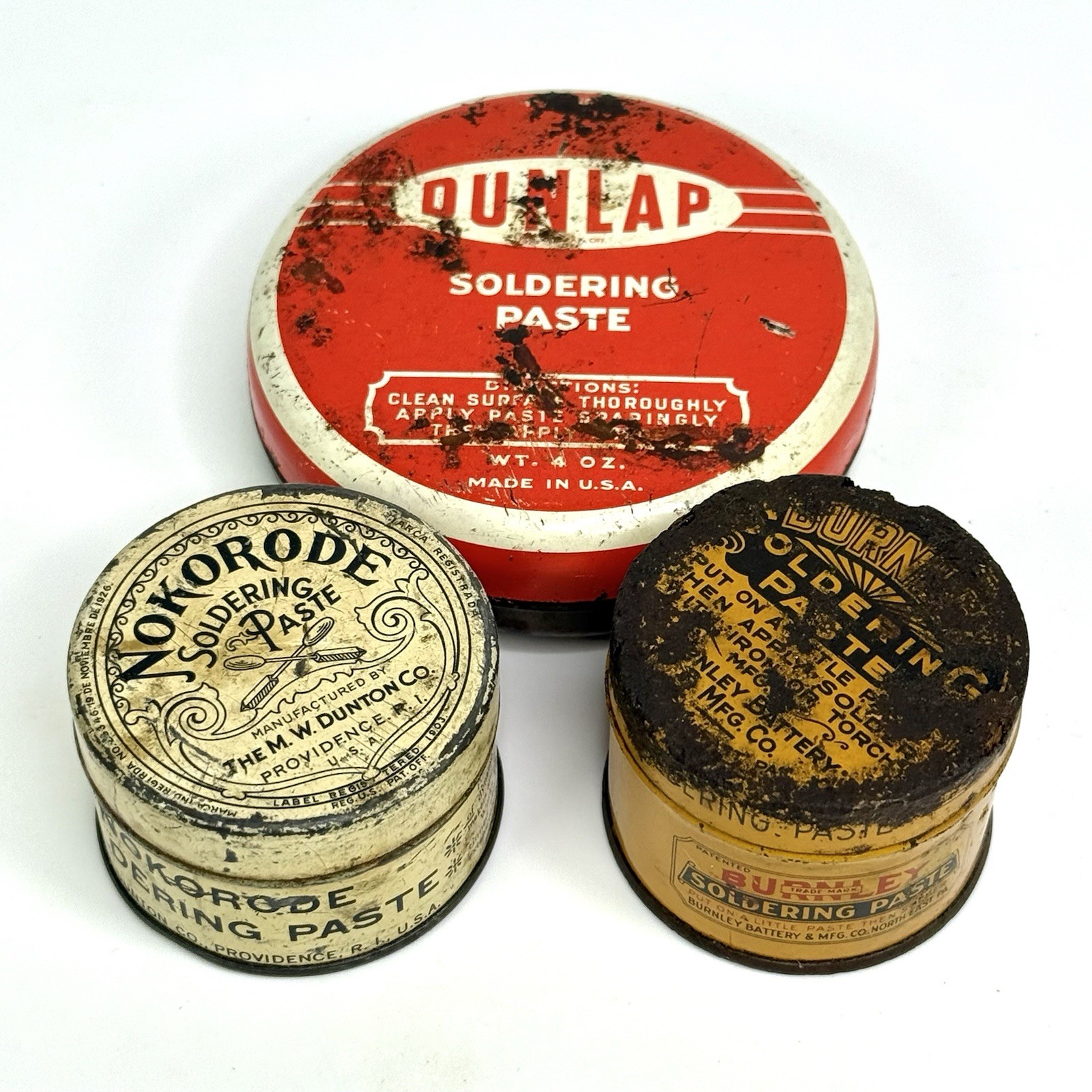 Vintage Nokorode Dunlap & Burnley Soldering Paste Advertising Tins M.W. Dunton