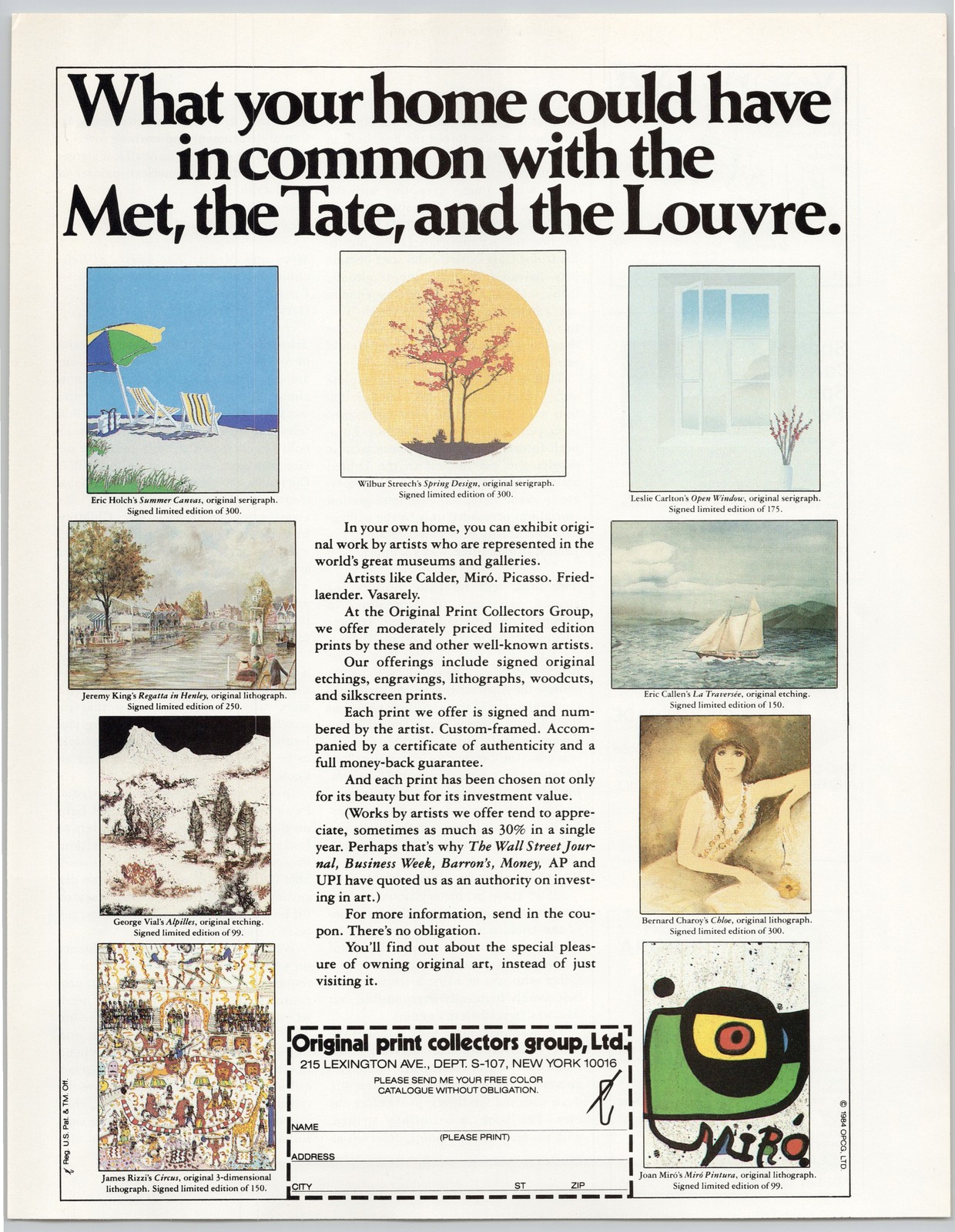 Original Print Collectors Group Art Museums Galleries 1984 Vintage Print Ad