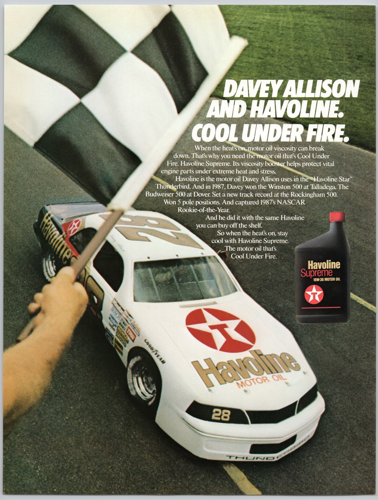 Havoline Motor Oil Davey Allison Racing Car NASCAR 1988 Vintage Print Ad