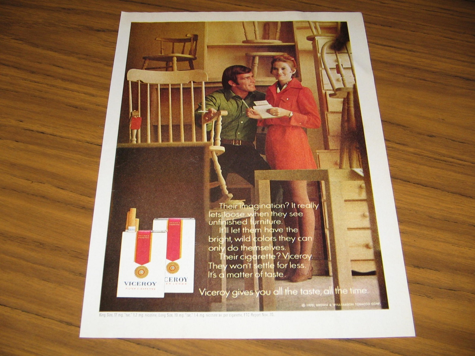 1971 Print Ad Viceroy Cigarettes Happy Couple & Unfinished Furniture